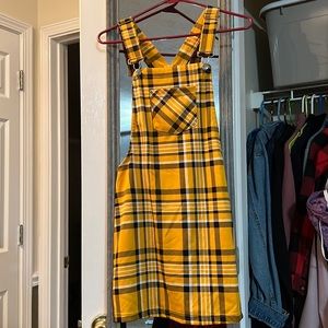 Yellow plaid fall overall dress
